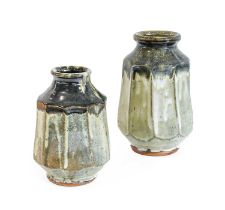 Mike Dodd (b. 1943): Two Stoneware Faceted Vases, nuka ash glaze, impressed MJD seal mark, 20.5cm