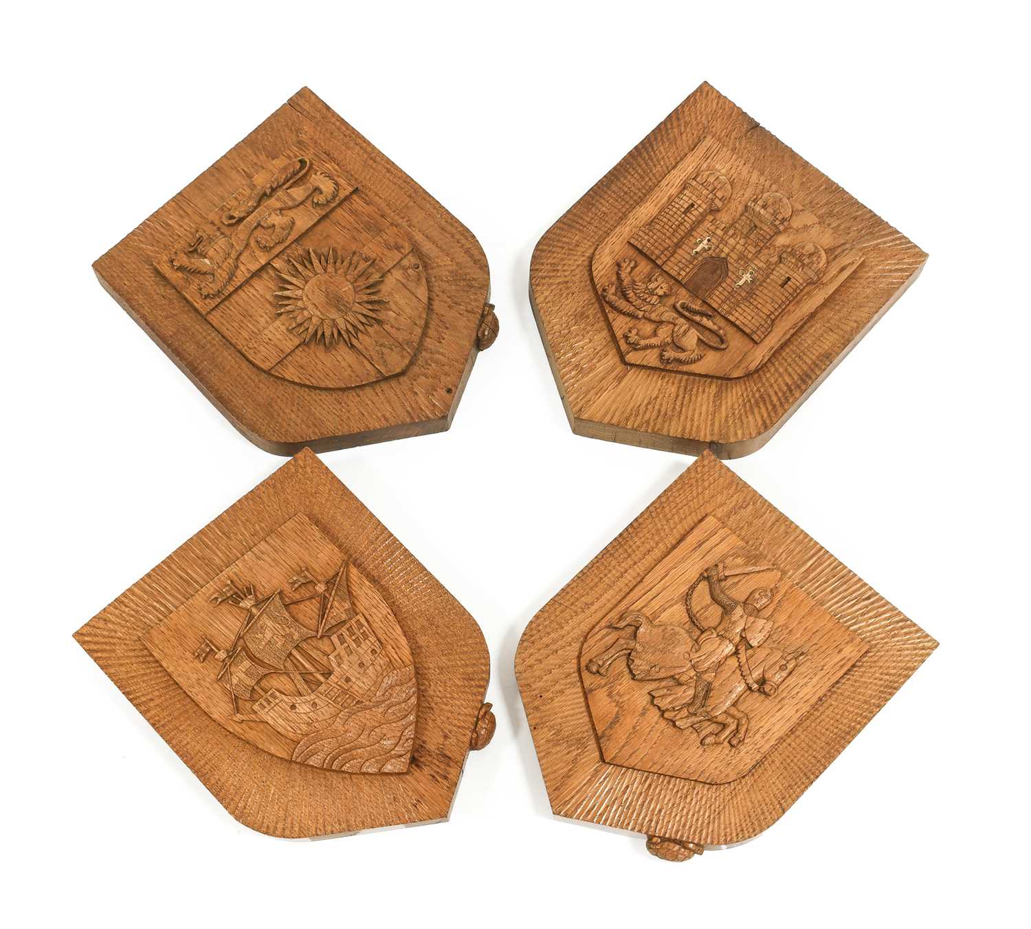 Tortoiseman: Bob Hunter (b.1933) (Thirlby): A Set of Four English Oak Shields, each carved with a