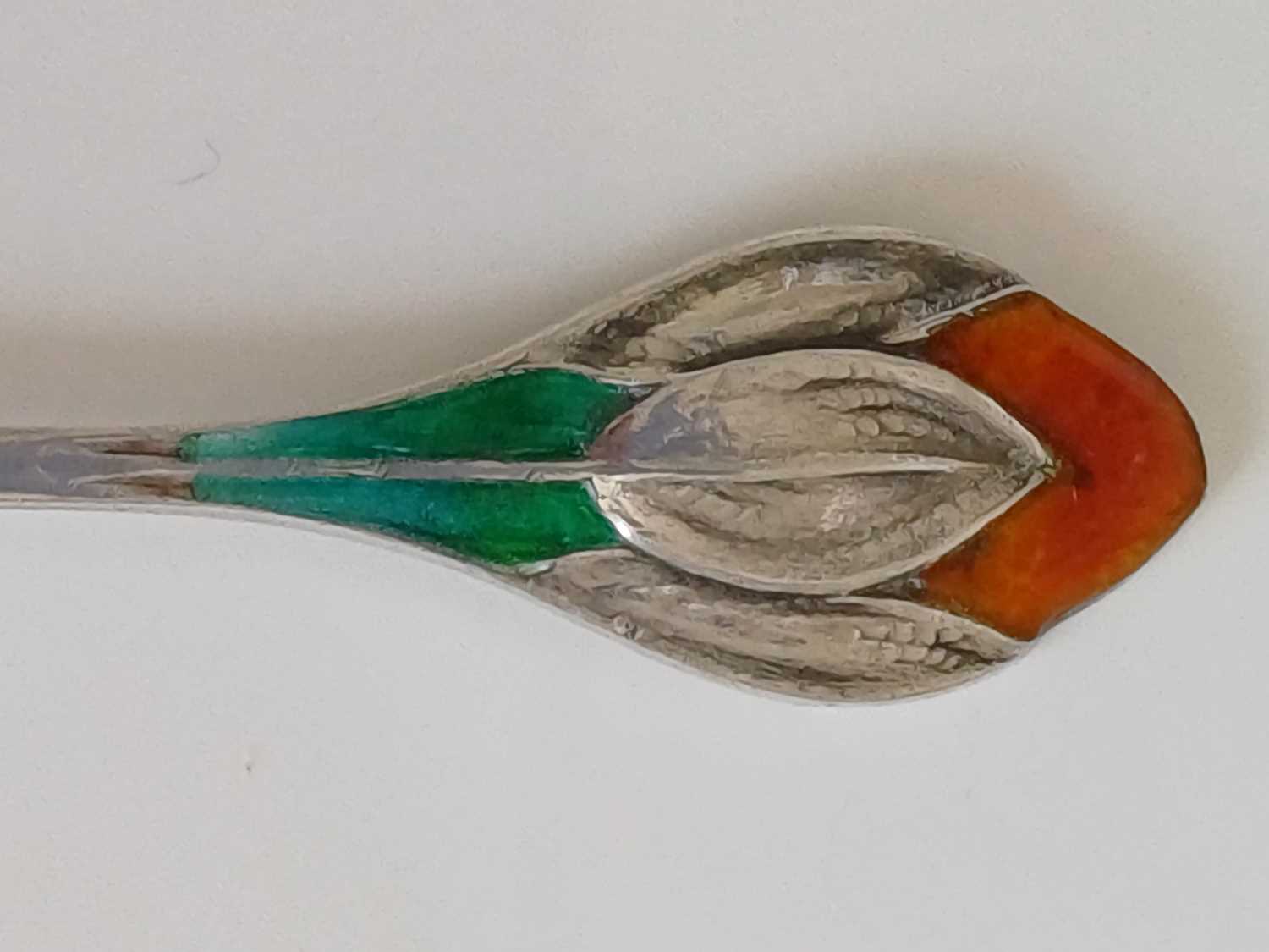 A Matched Set of Six Arts & Crafts Silver and Enamel Crocus Coffee Spoons, made by William Hair - Image 13 of 14