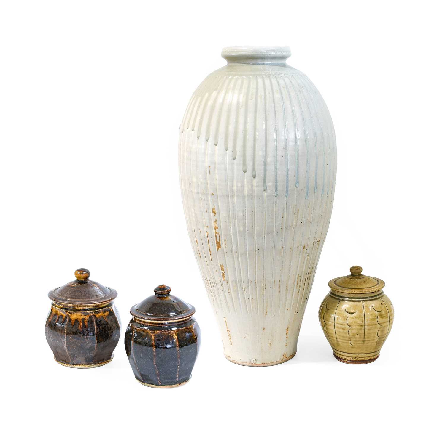 Tony Dasent (b.1961): A Tall Floor Standing Stoneware Bottle Vase, ash glaze, ribbed body, impressed