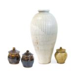 Tony Dasent (b.1961): A Tall Floor Standing Stoneware Bottle Vase, ash glaze, ribbed body, impressed
