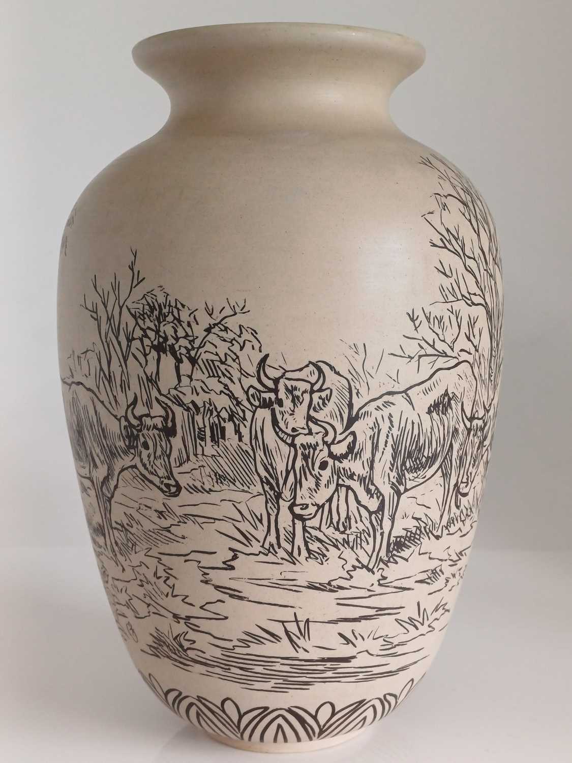 Hannah Bolton Barlow (1851-1916): A Pair of Doulton Lambeth Stoneware Vases, painted with cattle, in - Image 13 of 15
