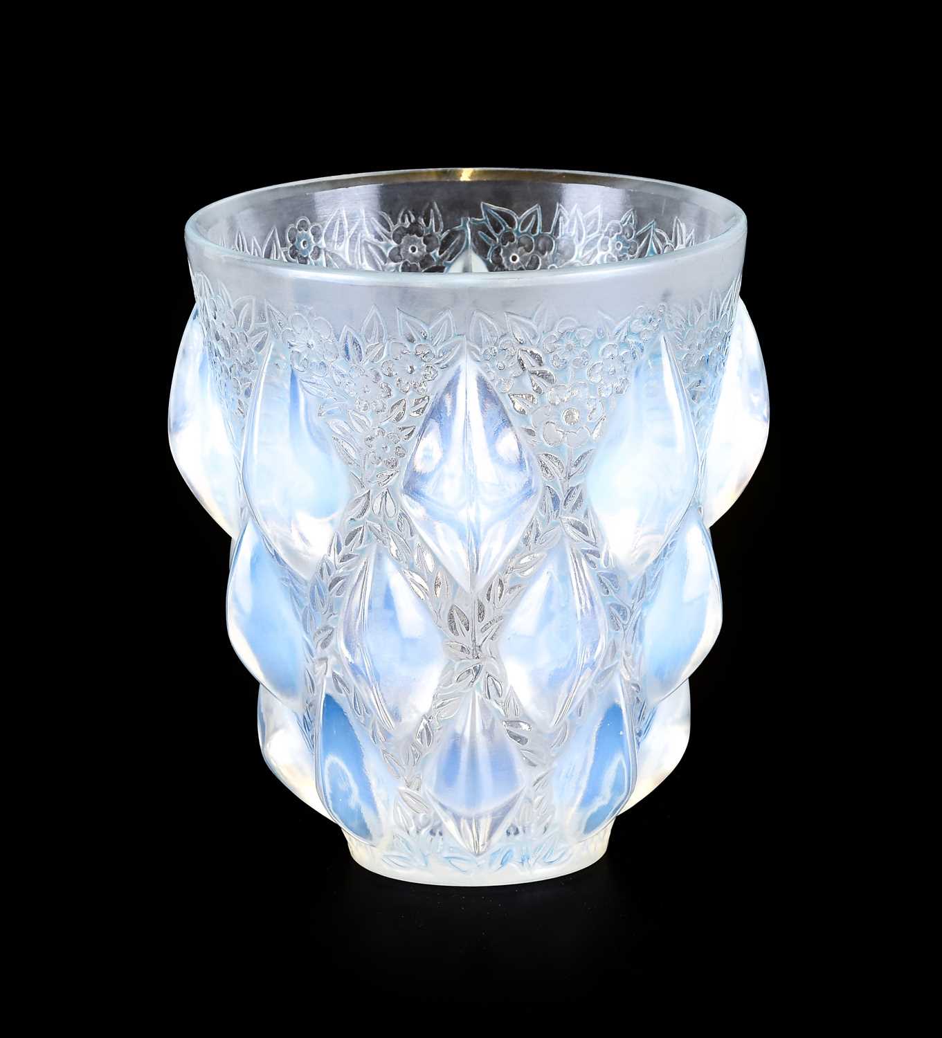 René Lalique (French, 1860-1945): An Opalescent, Clear and Frosted Glass Rampillon Vase, moulded