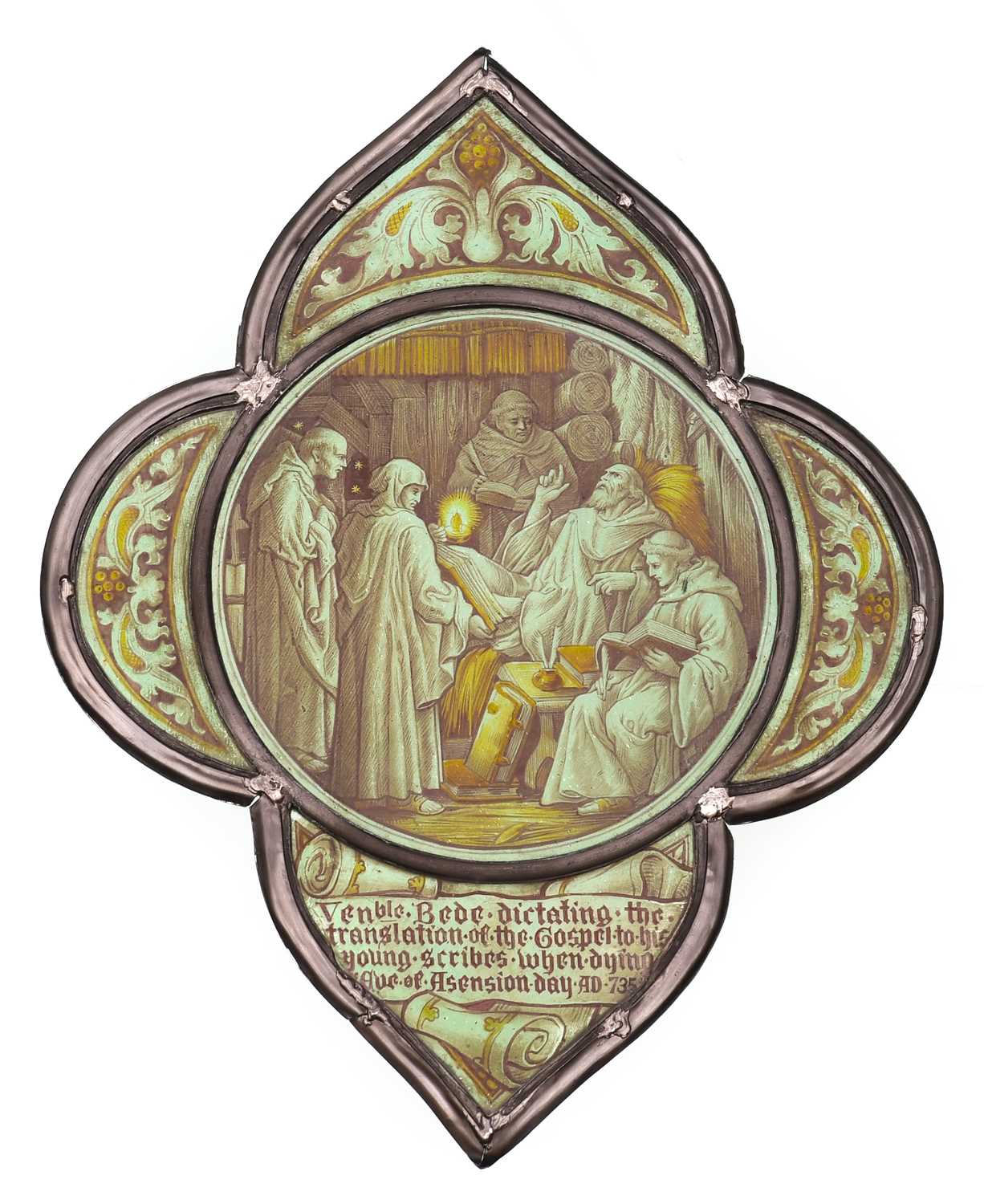 Eight Victorian Stained, Painted and Leaded Glass Quatrefoil Tracery Panels, depicting and inscribed - Image 7 of 9