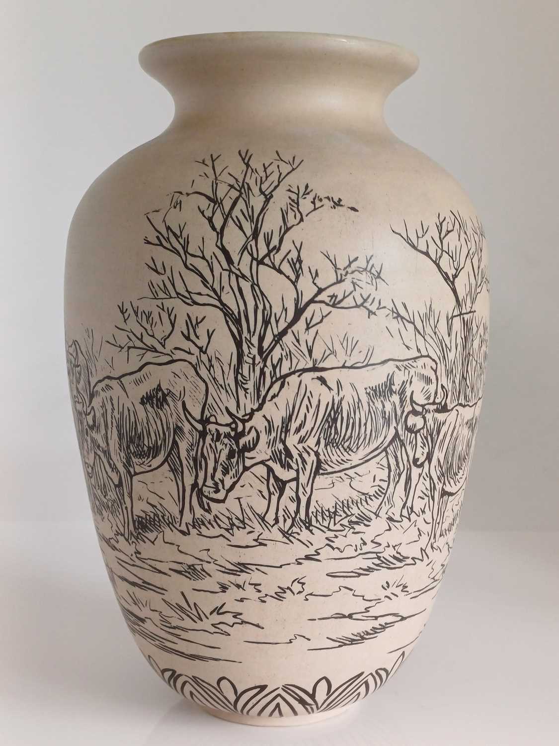Hannah Bolton Barlow (1851-1916): A Pair of Doulton Lambeth Stoneware Vases, painted with cattle, in - Image 9 of 15