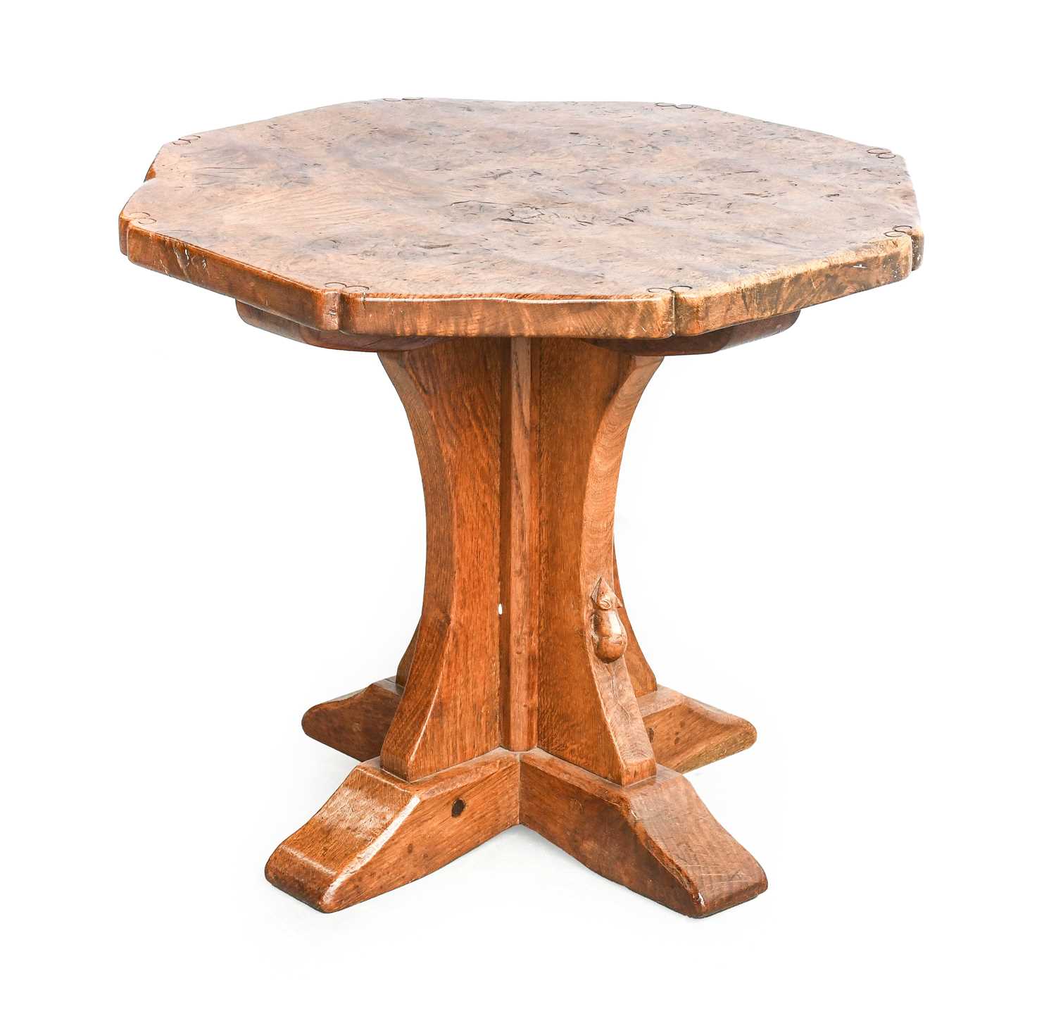 Robert Mouseman Thompson (1876-1955): A Burr Oak Octagonal Coffee Table, 1930s, with mouse tails