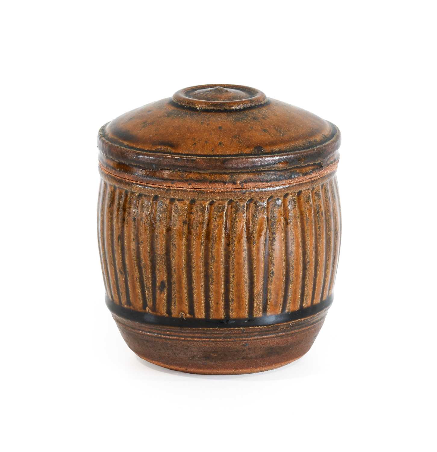 Richard Batterham (1936-2021): A Stoneware Jar and Cover, ribbed, ash glaze, unmarked, 13cm high