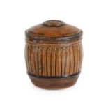 Richard Batterham (1936-2021): A Stoneware Jar and Cover, ribbed, ash glaze, unmarked, 13cm high