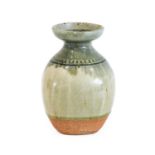 Richard Batterham (1936-2021): A Stoneware Flower Vase, green ash glaze, painted II .. to base, 16cm