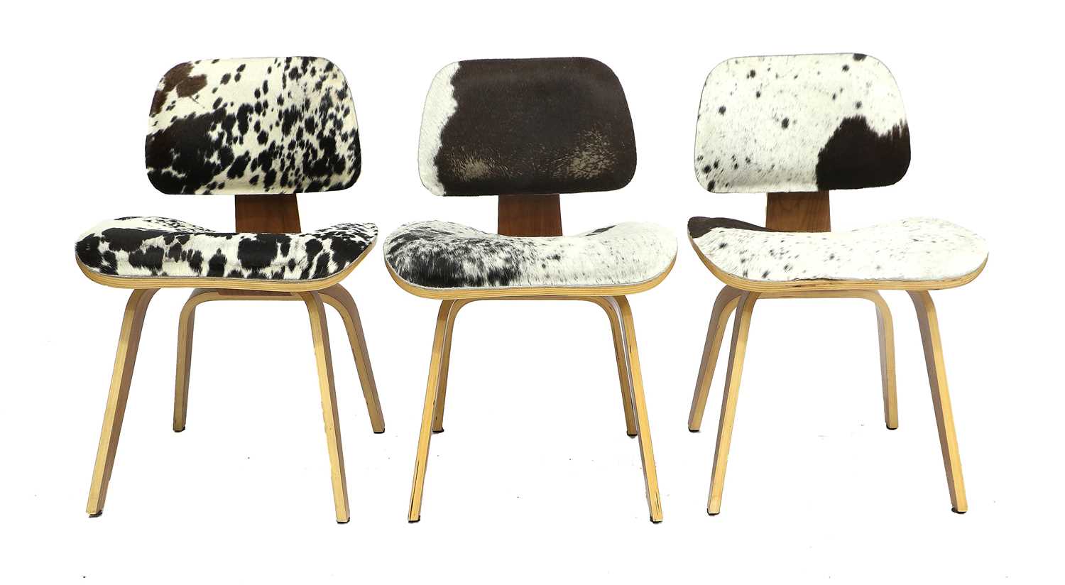 A Set of Eight Eames DCW Style Lounge Chairs, walnut veneered plywood frame, cow hide upholstered - Image 2 of 5