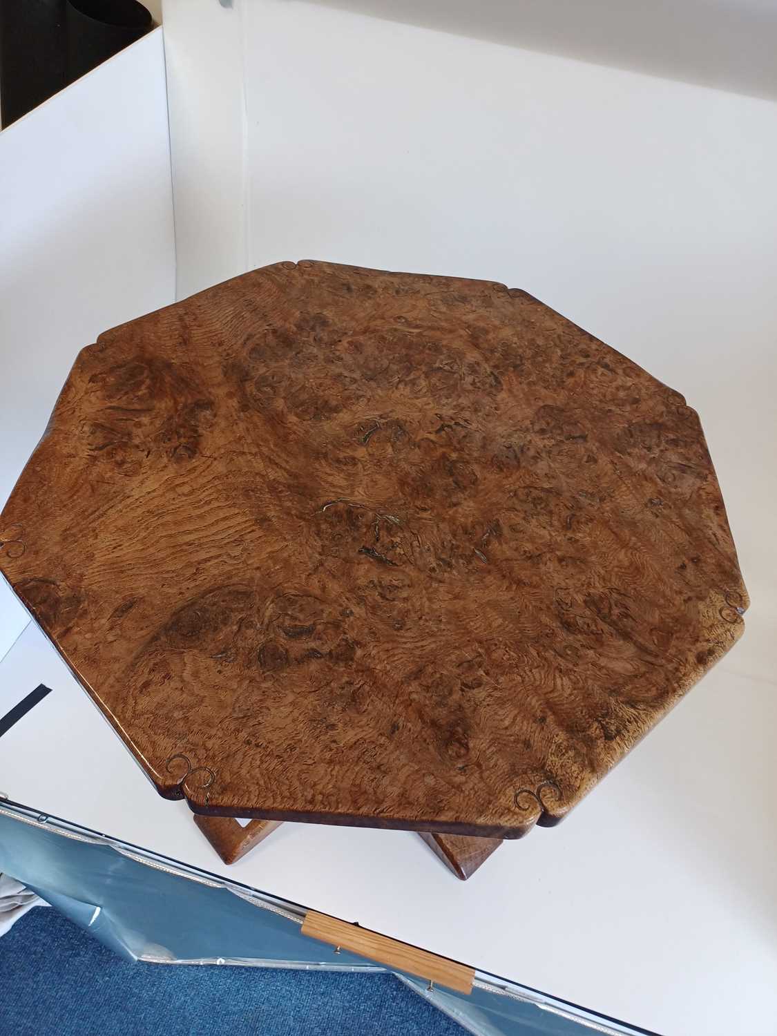 Robert Mouseman Thompson (1876-1955): A Burr Oak Octagonal Coffee Table, 1930s, with mouse tails - Image 7 of 16