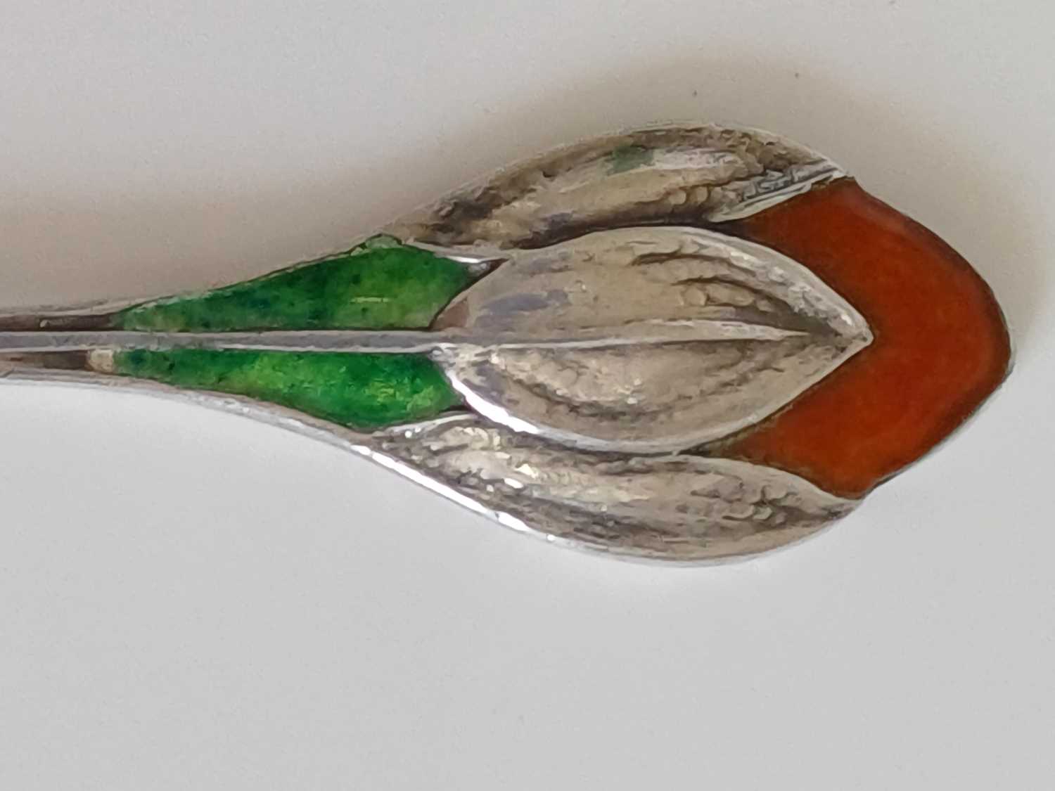 A Matched Set of Six Arts & Crafts Silver and Enamel Crocus Coffee Spoons, made by William Hair - Image 10 of 14