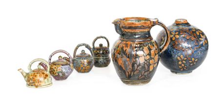 John Calver (b.1947): Four Miniature Stoneware Teapots, various glazes, signed Calver, Largest 8.5cm