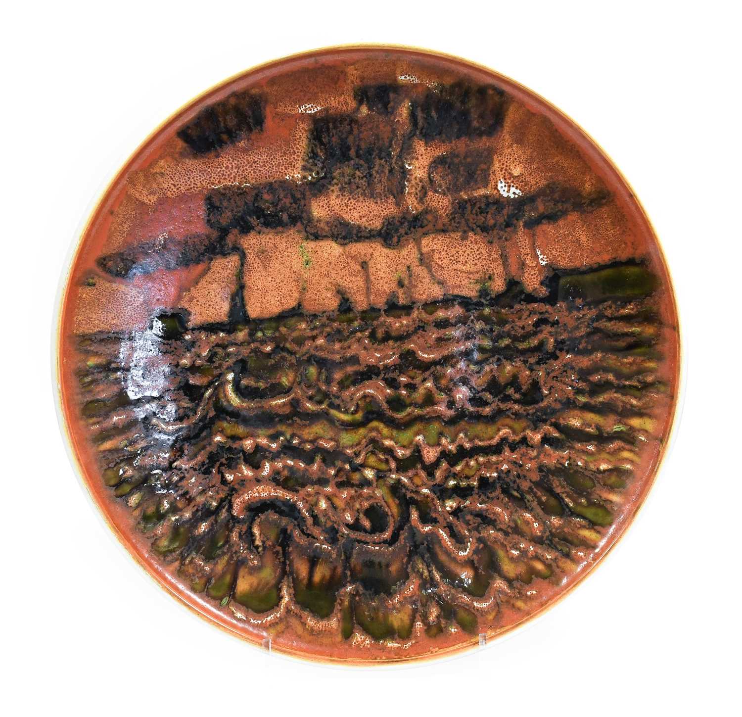 Tony Morris for Poole Pottery: A Studio Charger, circa 1962-4, painted with a seascape in orange,