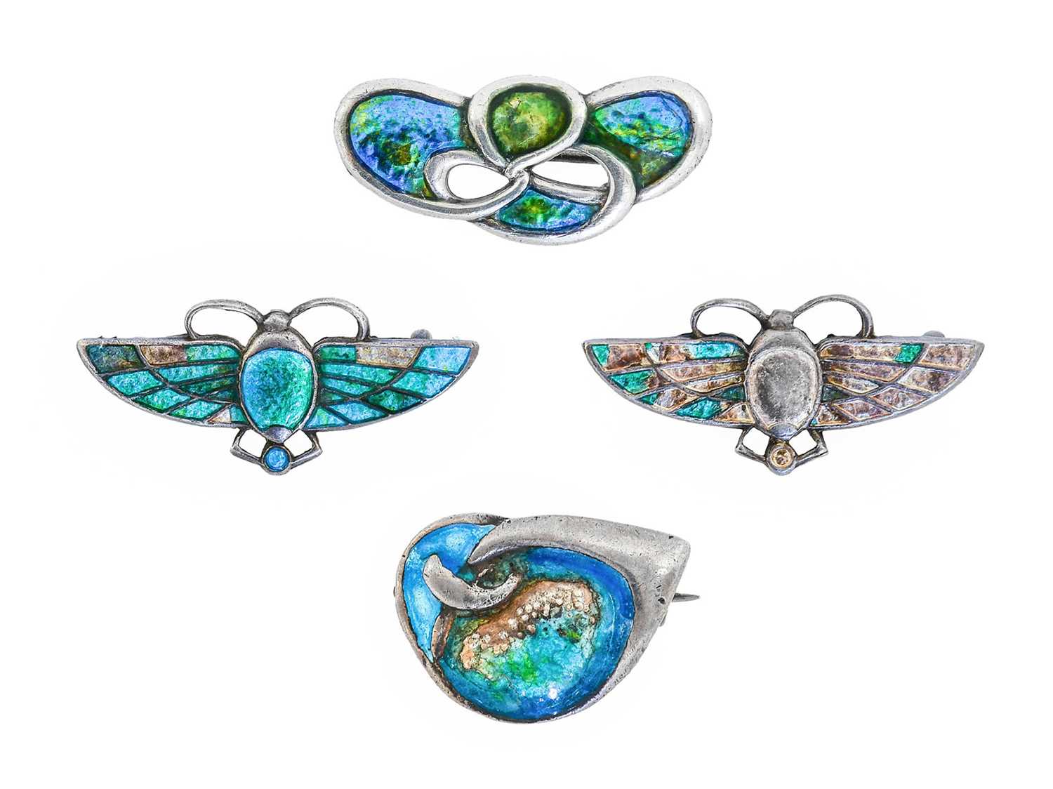 Three Arts and Crafts Silver and Enamel Brooches, by Charles Horner, two butterflies and a Celtic
