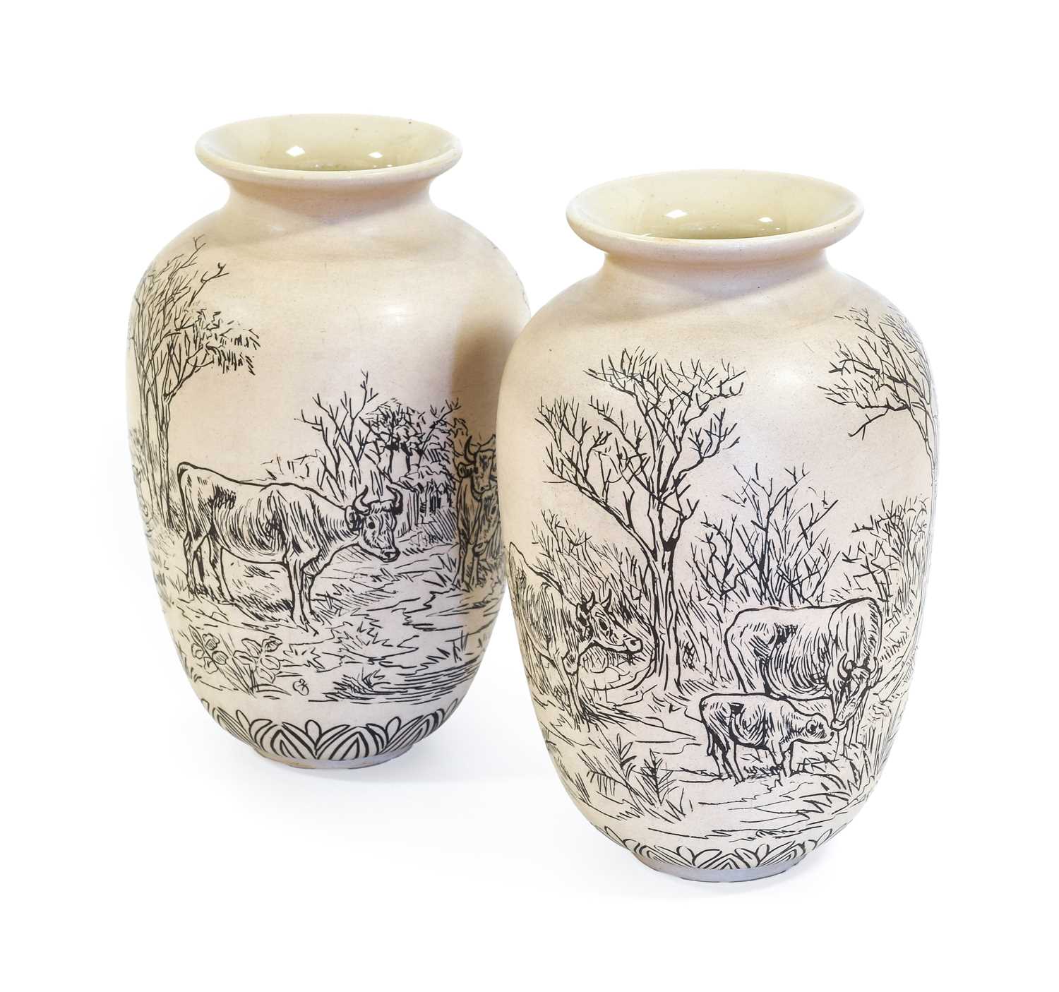 Hannah Bolton Barlow (1851-1916): A Pair of Doulton Lambeth Stoneware Vases, painted with cattle, in