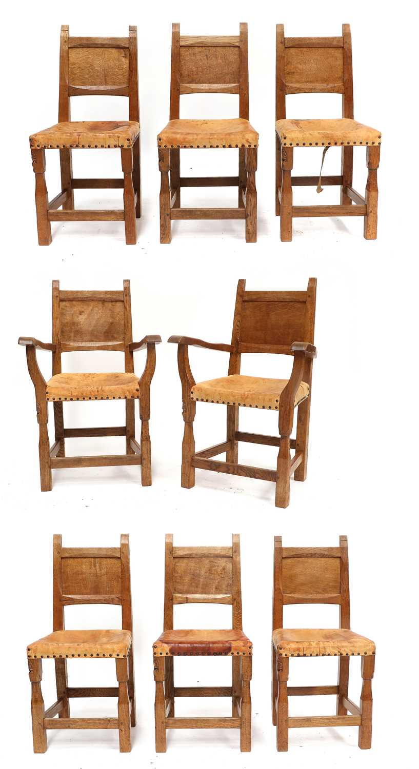 Gnomeman: Thomas Whittaker (1912-1991) (Littlebeck): A Set of Eight (6+2) English Oak Panel Back