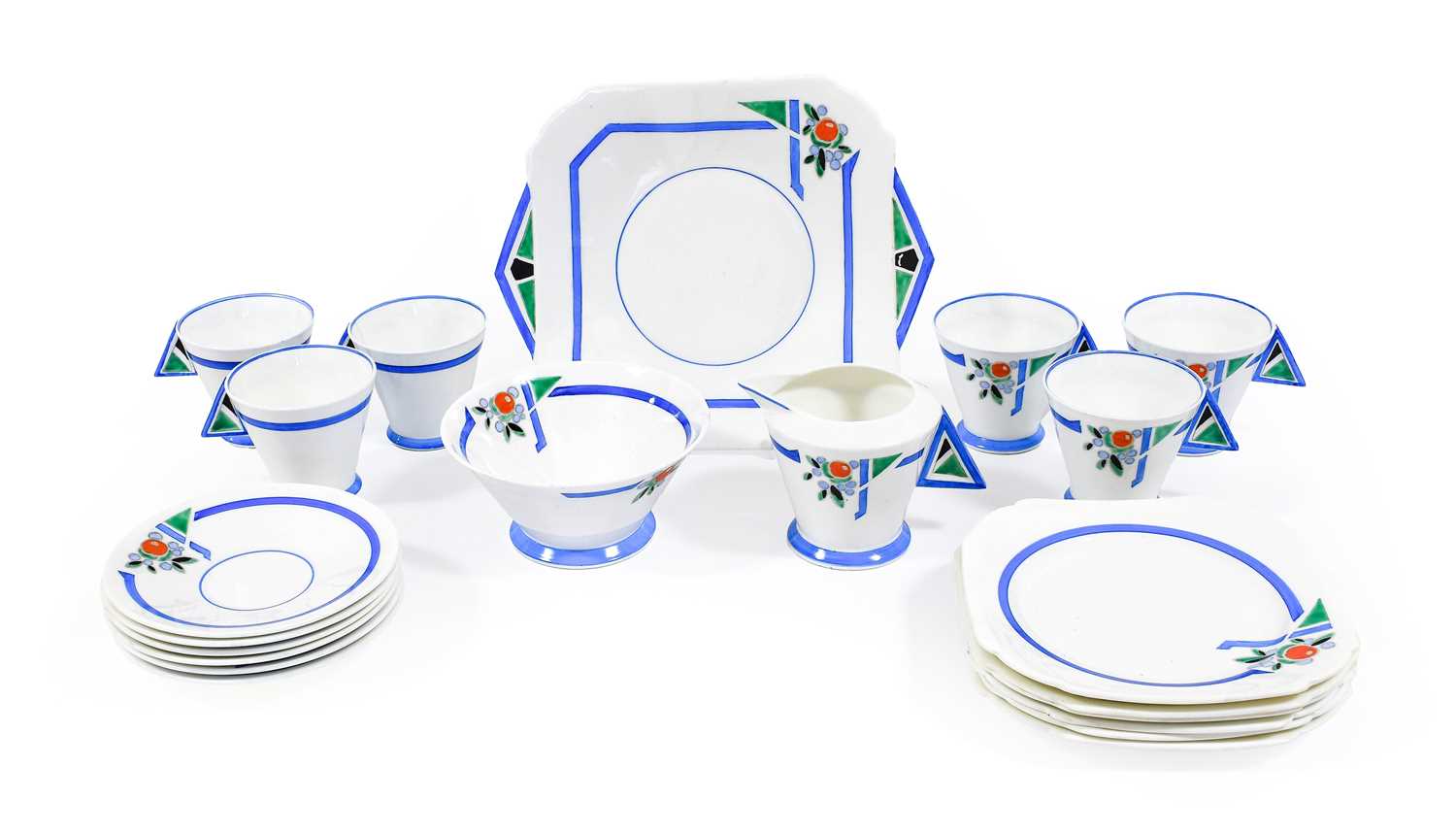 An Art Deco Shelley Blue Truncated J Mode Shape Teaset, designed by Eric Slater, pattern No.