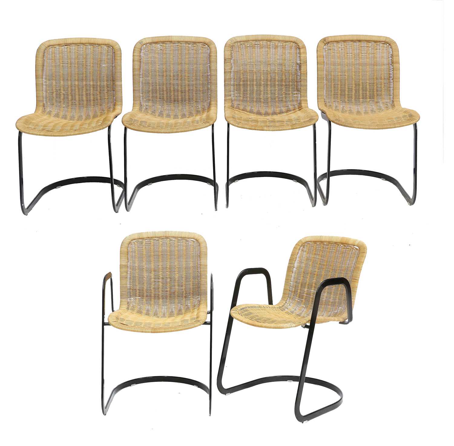 A Set of Six (4+2) Italian Cidue Cantilever Chairs, woven cane and black flat tubular steel frame,