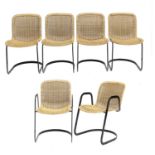 A Set of Six (4+2) Italian Cidue Cantilever Chairs, woven cane and black flat tubular steel frame,