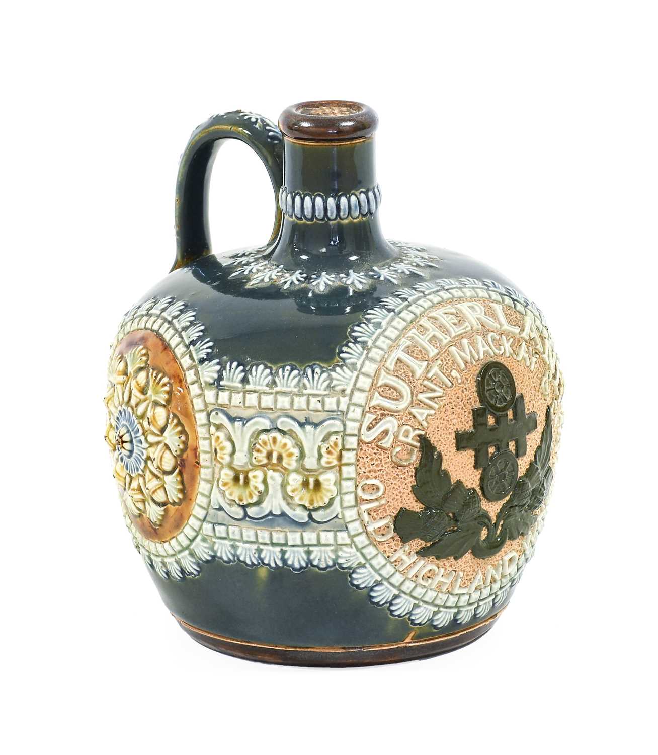 A Doulton Lambeth Stoneware Whisky Flask, circa 1898, applied thistle design and SUTHERLAND GRANT,