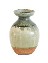 Richard Batterham (1936-2021): A Stoneware Flower Vase, green ash glaze, painted II .. to base, 16cm