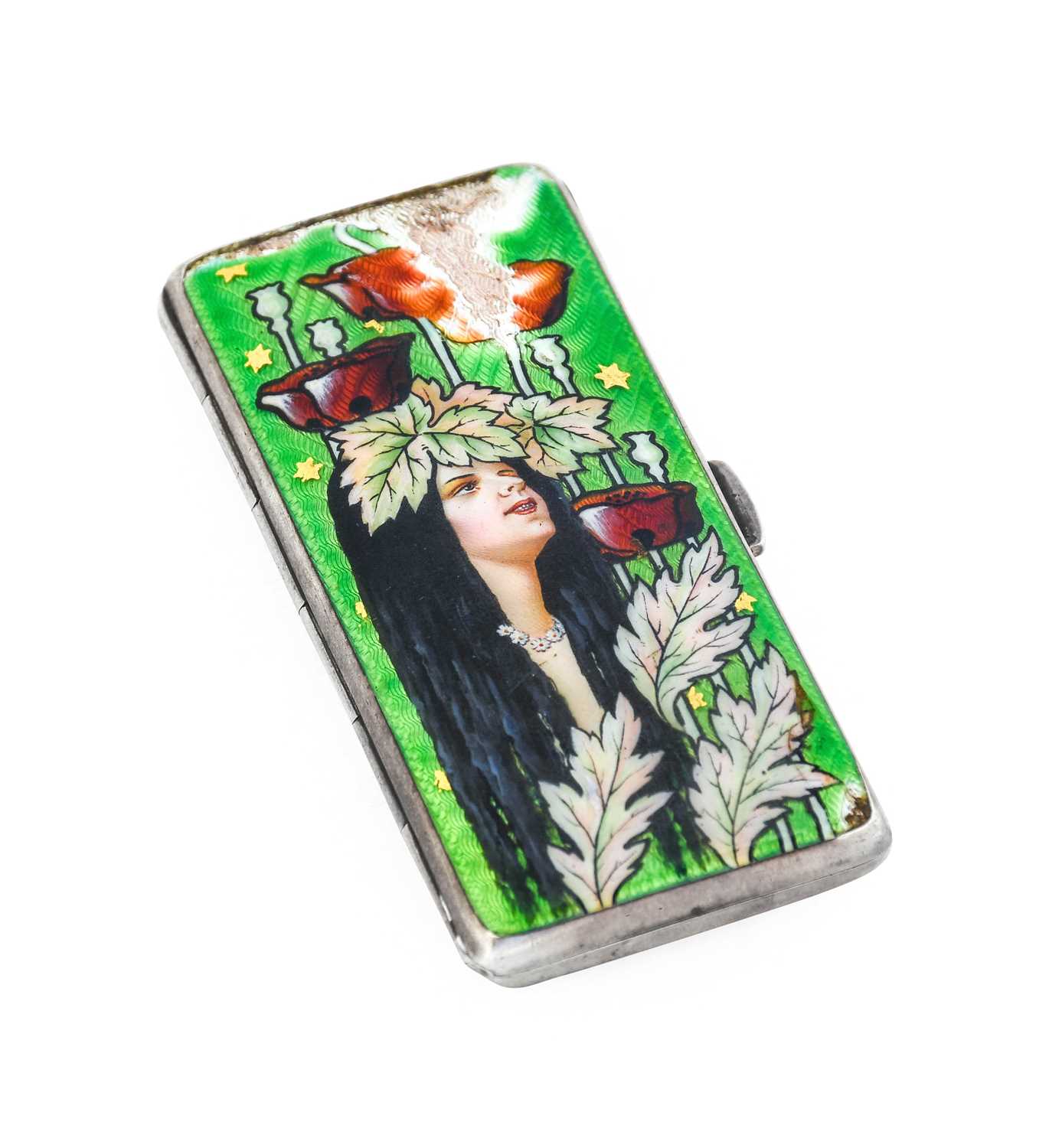 An Art Nouveau Silver and Enamel Cigarette Case, by Edward Larrett, decorated with a maiden and