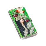 An Art Nouveau Silver and Enamel Cigarette Case, by Edward Larrett, decorated with a maiden and