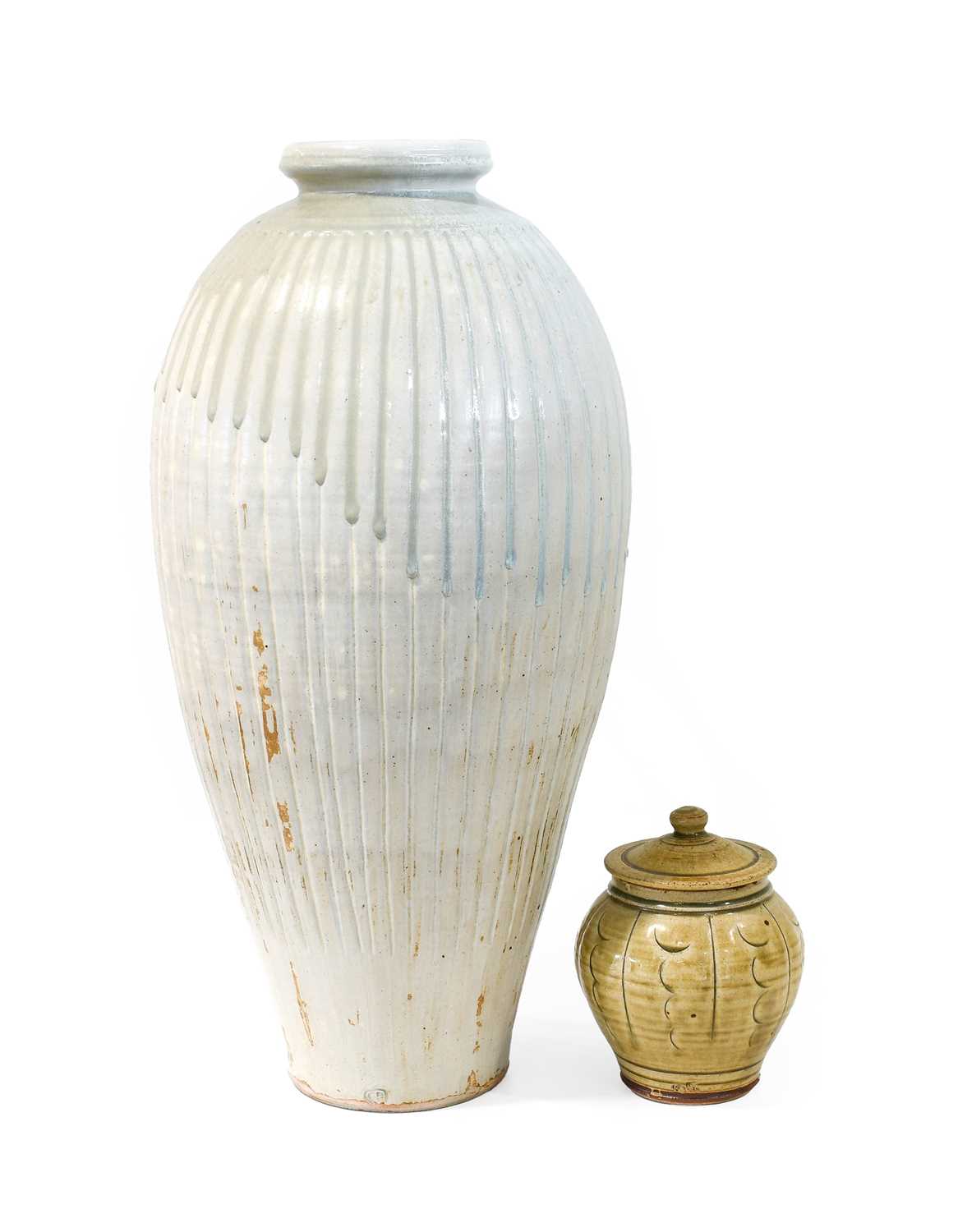 Tony Dasent (b.1961): A Tall Floor Standing Stoneware Bottle Vase, ash glaze, ribbed body, impressed - Image 2 of 5