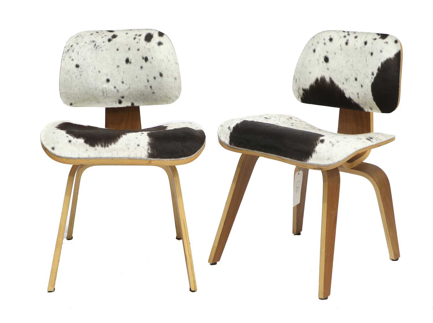 A Set of Eight Eames DCW Style Lounge Chairs, walnut veneered plywood frame, cow hide upholstered - Image 3 of 5