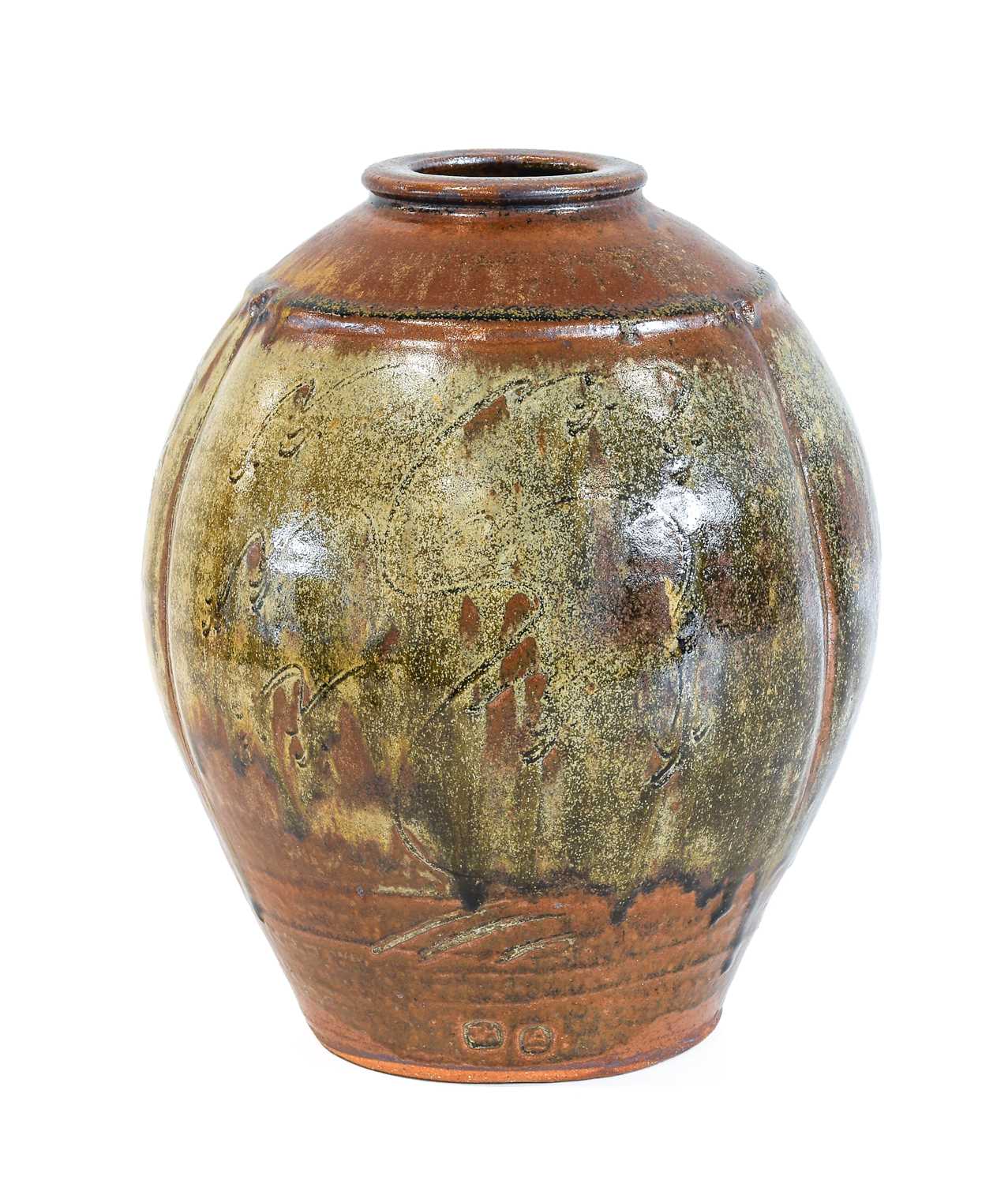 Jim Malone (b.1946): A Stoneware Ovoid Vase, incised with trees, impressed twice JM and Ainstable