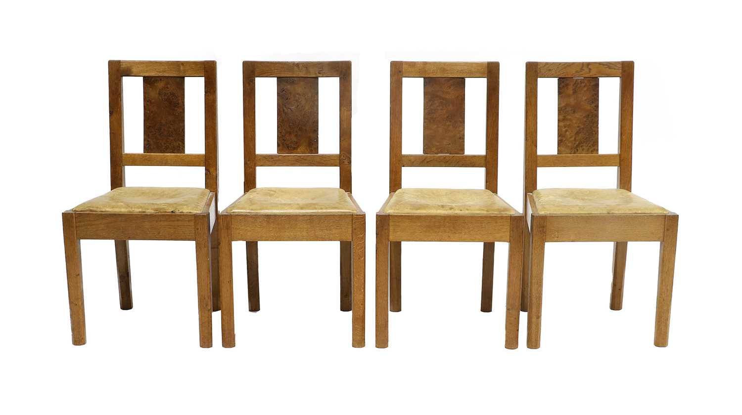 A Set of Four English Oak Dining Chairs, each with burr oak slat back panels, leather hide - Bild 2 aus 2