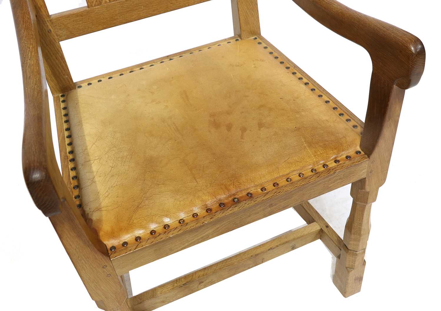 Workshop of Robert Mouseman Thompson (Kilburn): Two English Oak Lattice Back Arm Chairs, 1978, tan - Image 2 of 3