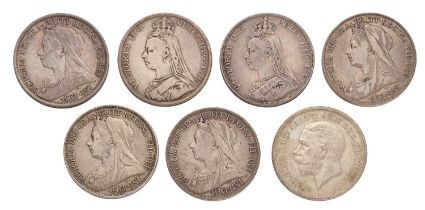 7x UK Silver Crowns, comprising; Victoria, 1889, 1891, (2x) 1893, 1895 and 1899, grading fine to