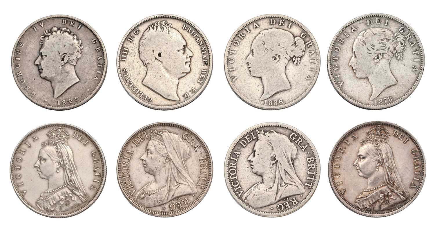 8x UK Silver Halfcrowns, comprising: George IV, 1828 key date, near fine; William IV, 1834 near