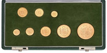 Peruvian Gold Coin Set, 8-coin set, all soles are .900 gold and all libras are .917 gold, to