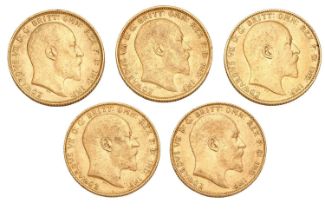 5x Edward VII, Sovereigns, 1904, 1905, 1906 and (2x) 1909; all at least very fine, some better
