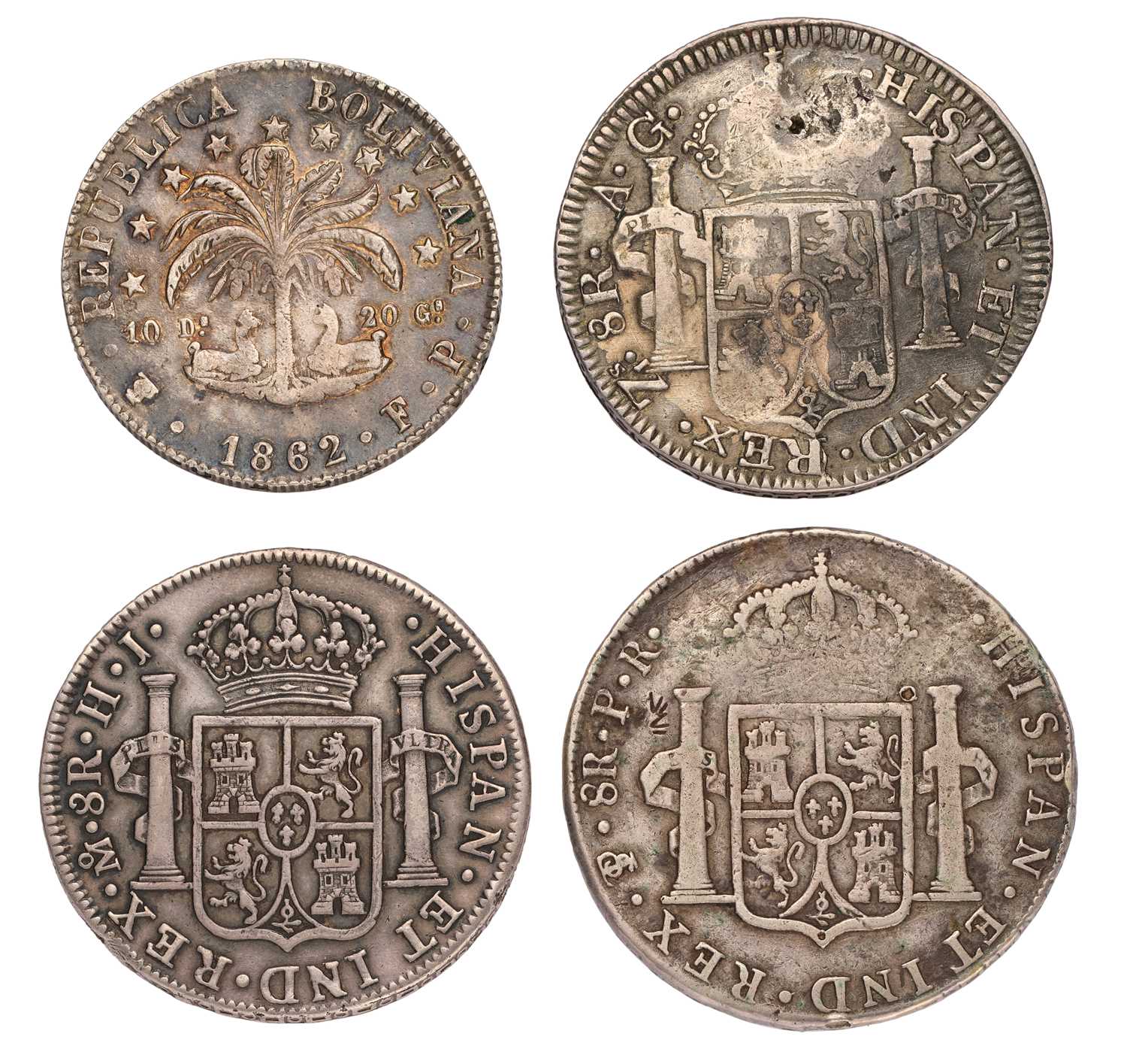 Assortment of Spanish Empire Silver Coinage; 4 coins comprising; Charles IV, 8 Reales 1793, Potosi - Image 2 of 2