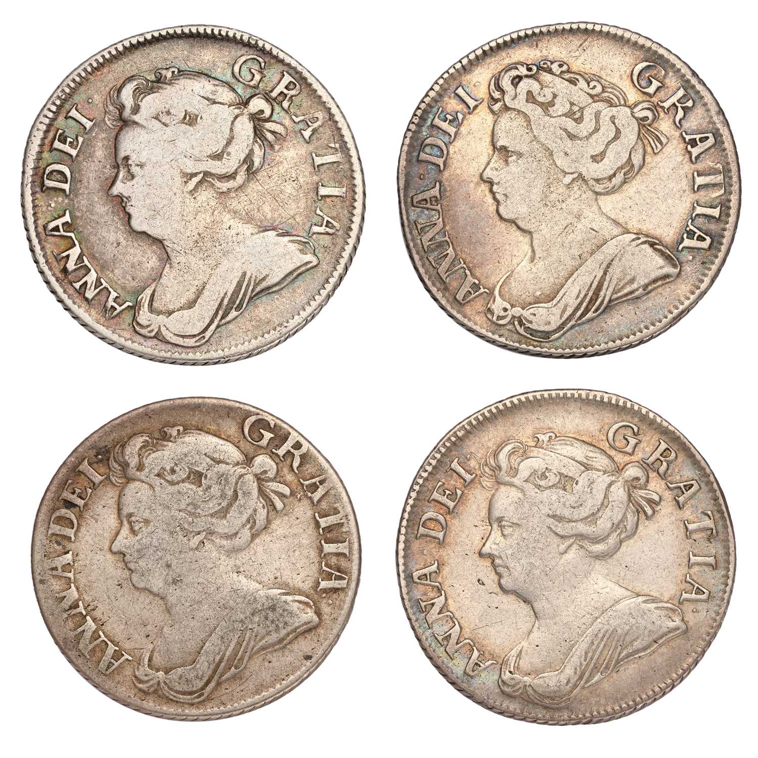 4x Queen Anne, Shillings: all post union with Scotland, comprising, 1707, third draped bust,