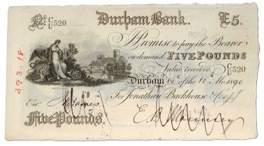 Durham Bank £5, 14th October 1890, serial no. C/U 250, for Jonathan Backhouse and Company, signed