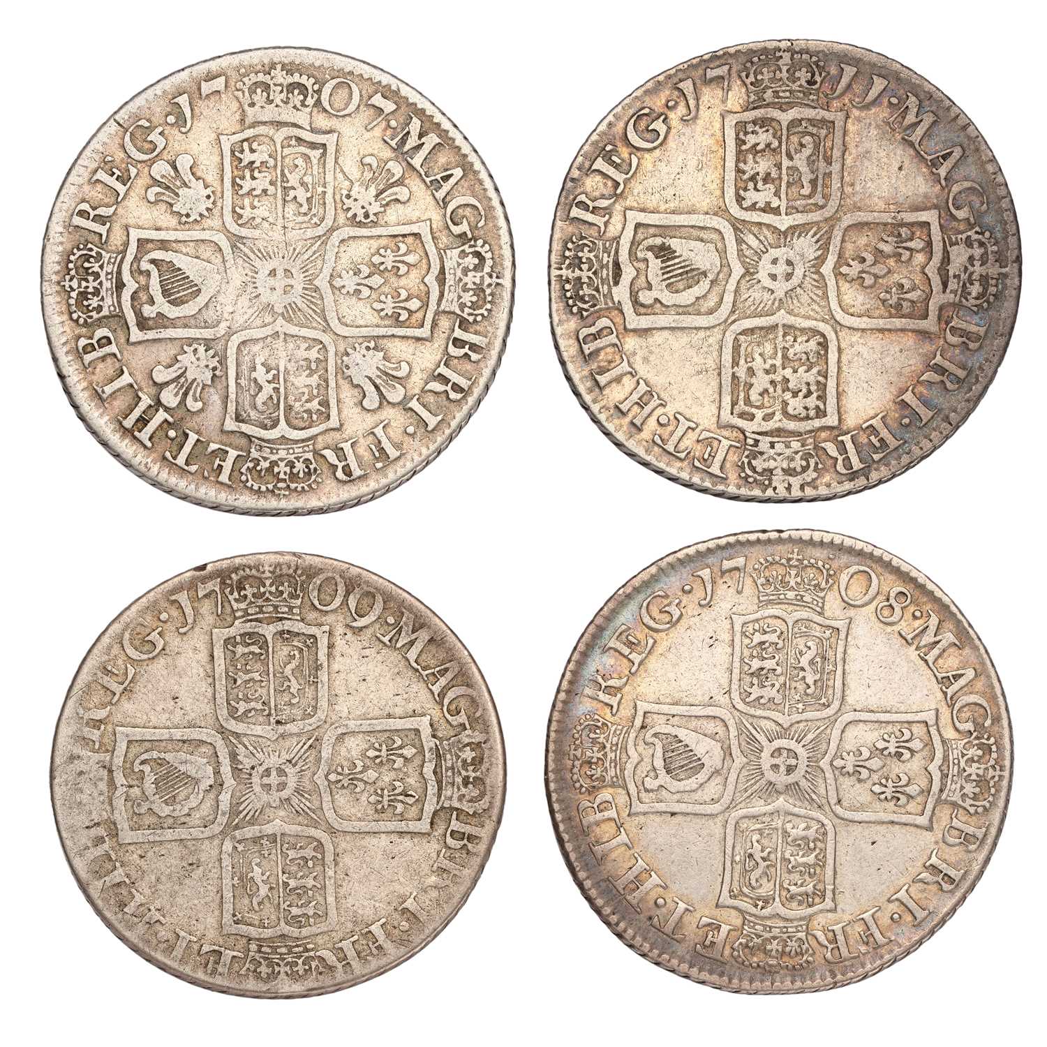 4x Queen Anne, Shillings: all post union with Scotland, comprising, 1707, third draped bust, - Image 2 of 2