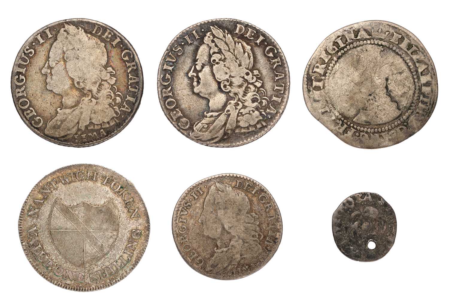 3x George II, Silver Coins, comprising; shilling, 1745 LIMA (S.3703) fine; shilling 1750, plain