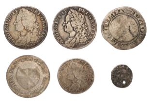 3x George II, Silver Coins, comprising; shilling, 1745 LIMA (S.3703) fine; shilling 1750, plain