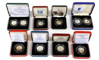 10x Royal Mint Silver Proof 50ps, 8x piedfort editions and 2x normal size to include; 1992-1993