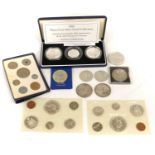 Assorted UK and World Silver Coins, comprising; 1994 three-coin silver proof collection,