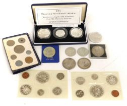 Assorted UK and World Silver Coins, comprising; 1994 three-coin silver proof collection,