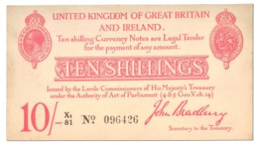 Treasury Issue, 10 Shillings Note, Bradbury second issue, January 1915, serial X1/81 096426, (EPM