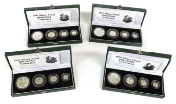 4x UK, Silver Proof Britannia Collections 1997, 4 coin sets comprising; 1oz £2, 1/2oz £1, 1/4oz 50p,