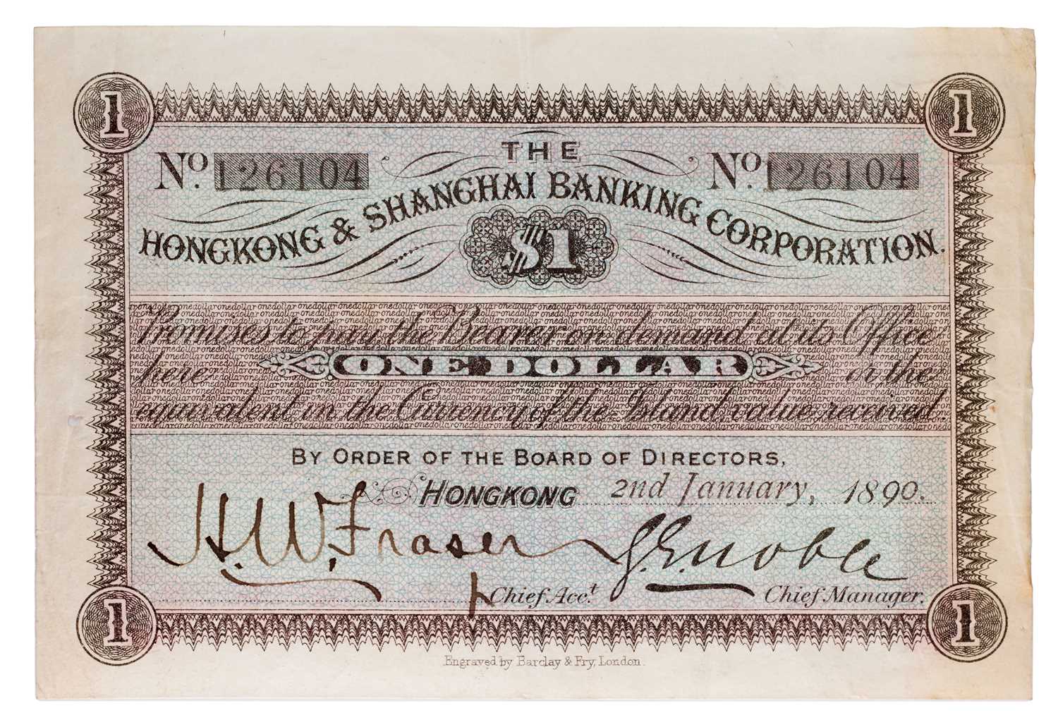 Hong Kong, Hong Kong and Shanghai Banking Corporation $1, 2nd January 1890, serial number 126104,