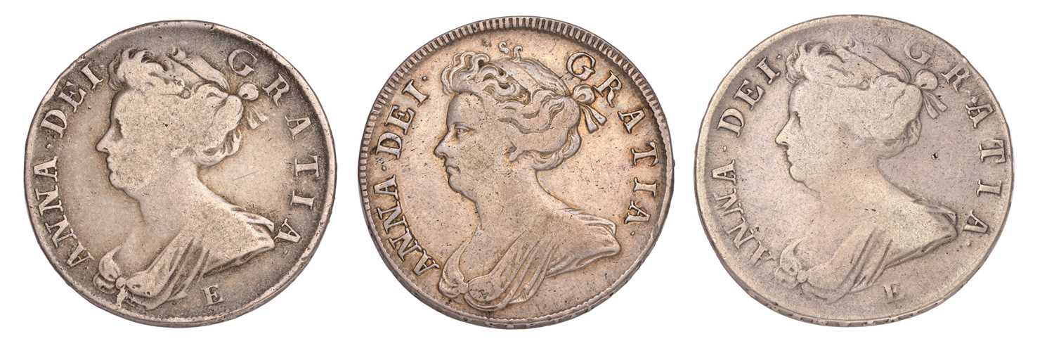 3x Anne, Halfcrowns, comprising; 1707, SEPTIMO (S.3604) haymarked, good edge, near very fine/very